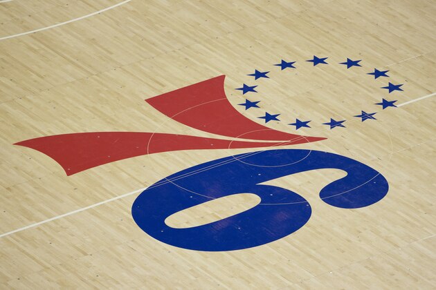 PHILADELPHIA, PA - NOVEMBER 18: A general view of the Philadelphia 76ers logo at center court against the Golden State Warriors at the Wells Fargo Center on November 18, 2017 in Philadelphia, Pennsylvania. NOTE TO USER: User expressly acknowledges and agrees that, by downloading and or using this photograph, User is consenting to the terms and conditions of the Getty Images License Agreement. (Photo by Mitchell Leff/Getty Images)