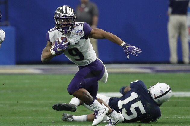 Washington running back Myles Gaskin (9) against Penn State during the Fiesta Bowl NCAA college football game, Saturday, Dec. 30, 2017, in Glendale, Ariz. (AP Photo/Rick Scuteri)