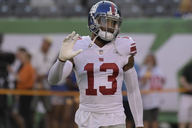 New York Giants wide receiver Odell Beckham Jr. (13) warms up before an NFL football game against the New York Jets, Friday, Aug. 24, 2018, in East Rutherford, N.J. (AP Photo/Bill Kostroun)