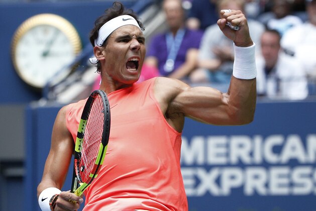 Rafael Nadal, of Spain, reacts against Karen Khachanov, of Russia, during the third round of the U.S. Open tennis tournament, Friday, Aug. 31, 2018, in New York. (AP Photo/Jason DeCrow)