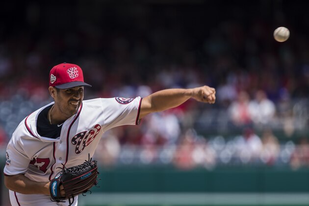 WASHINGTON, DC - AUGUST 19: Gio Gonzalez #47 of the Washington Nationals pitches against the Miami Marlins during the second inning at Nationals Park on August 19, 2018 in Washington, DC.  (Photo by Scott Taetsch/Getty Images)