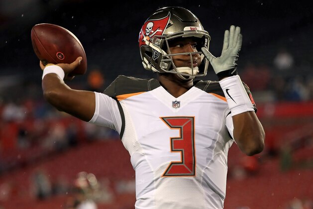 TAMPA, FL - AUGUST 24:  Jameis Winston #3 of the Tampa Bay Buccaneers warms up during a preseason game against the Detroit Lions at Raymond James Stadium on August 24, 2018 in Tampa, Florida.  (Photo by Mike Ehrmann/Getty Images)