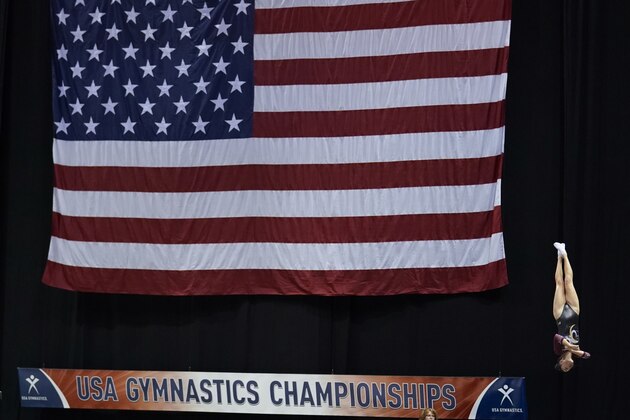 Paige Howard performs on the double mini trampoline during the USA Gymnastics Championships on Thursday, June 29, 2017, in Milwaukee. (AP Photo/Morry Gash)