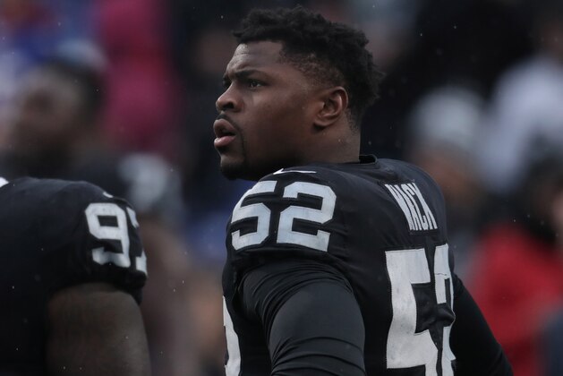 BUFFALO, NY - OCTOBER 29: Khalil Mack #52 of the Oakland Raiders looks on as he warms up before the start of NFL game action against the Buffalo Bills at New Era Field on October 29, 2017 in Buffalo, New York. (Photo by Tom Szczerbowski/Getty Images)
