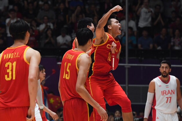 China's Zhao Rui reacts during the men's gold medal basketball match between Iran and China at the 2018 Asian Games in Jakarta on September 1, 2018. (Photo by Lillian SUWANRUMPHA / AFP)        (Photo credit should read LILLIAN SUWANRUMPHA/AFP/Getty Images)