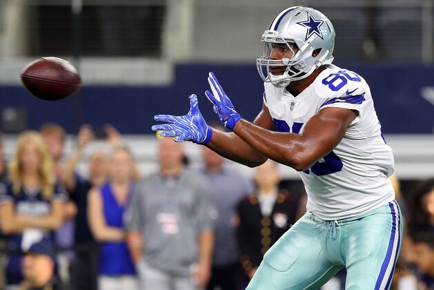 ARLINGTON, TX - AUGUST 26:  Rico Gathers #80 of the Dallas Cowboys warms up before the preseason game against the Arizona Cardinals at AT&T Stadium on August 26, 2018 in Arlington, Texas.  (Photo by Richard Rodriguez/Getty Images)
