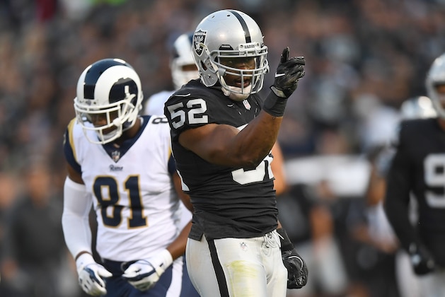 OAKLAND, CA - AUGUST 19:  Khalil Mack #52 of the Oakland Raiders celebrates after sacking the quarterback of the Los Angeles Rams during the first quarter of their preseason NFL football game at Oakland-Alameda County Coliseum on August 19, 2017 in Oakland, California.  (Photo by Thearon W. Henderson/Getty Images)