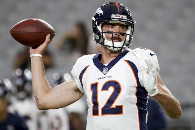Denver Broncos quarterback Paxton Lynch warms up before a preseason NFL football game against the against the Arizona Cardinals Thursday, Aug. 30, 2018, in Glendale, Ariz. (AP Photo/Matt York)