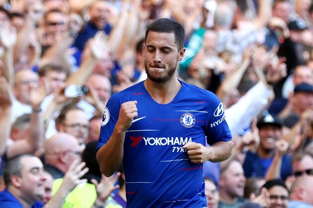 LONDON, ENGLAND - SEPTEMBER 01:  Eden Hazard of Chelsea celebrates after scoring his team's second goal during the Premier League match between Chelsea FC and AFC Bournemouth at Stamford Bridge on September 1, 2018 in London, United Kingdom.  (Photo by Clive Rose/Getty Images)