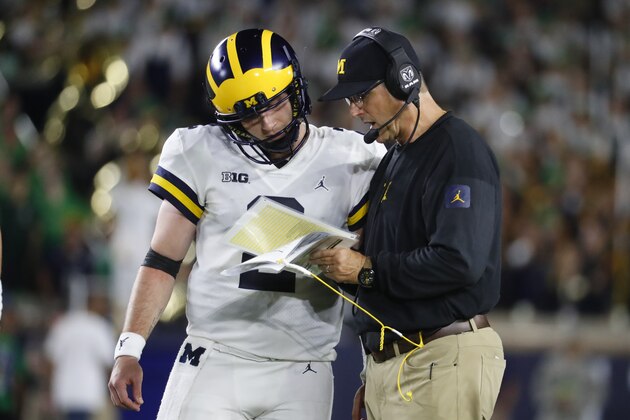 Michigan quarterback Shea Patterson (2) talks to head coach Jim Harbaugh in the second half of an NCAA football game against Notre Dame in South Bend, Ind., Saturday, Sept. 1, 2018. Notre Dame won 24-17. (AP Photo/Paul Sancya)