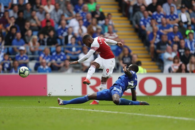 CARDIFF, WALES - SEPTEMBER 02: Alexandre Lacazette of Arsenal scores a goal to make it 2-3 during the Premier League match between Cardiff City and Arsenal FC at Cardiff City Stadium on September 2, 2018 in Cardiff, United Kingdom. (Photo by James Baylis - AMA/Getty Images)