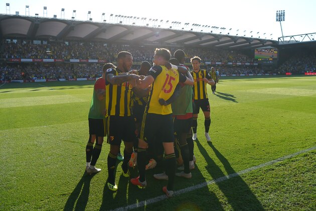 WATFORD, ENGLAND - SEPTEMBER 02:  Craig Cathcart of Watford (15) celebrates after scoring his team's second goal with team mates during the Premier League match between Watford FC and Tottenham Hotspur at Vicarage Road on September 2, 2018 in Watford, United Kingdom.  (Photo by Mike Hewitt/Getty Images)