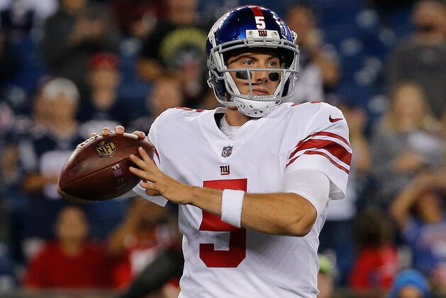 FOXBORO, MA - AUGUST 31: Davis Webb #5 of the New York Giants prepares to throw in the second half during a preseason game with the New England Patriots in the first half  at Gillette Stadium on August 31, 2017 in Foxboro, Massachusetts. (Photo by Jim Rogash/Getty Images)