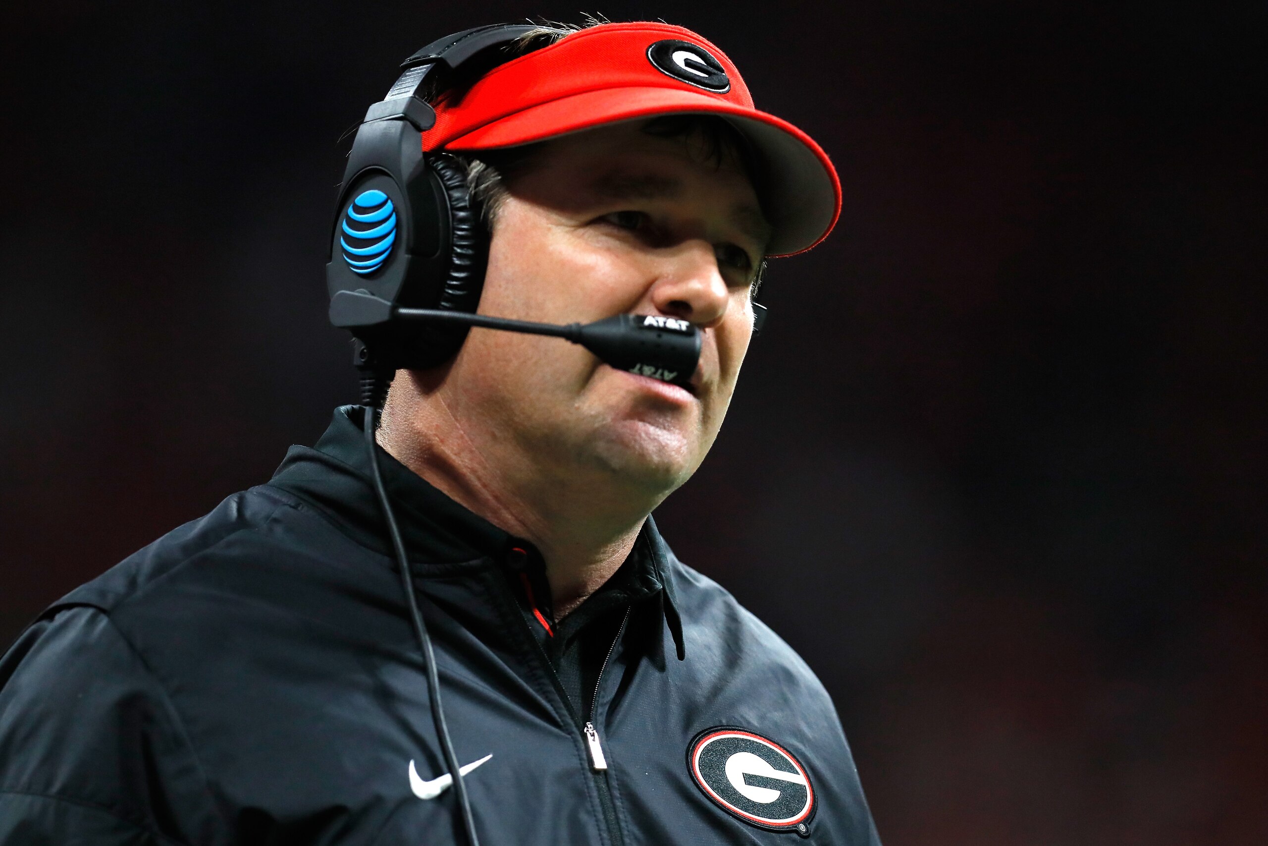 ATLANTA, GA - JANUARY 08:  Head coach Kirby Smart of the Georgia Bulldogs looks on during the third quarter against the Alabama Crimson Tide in the CFP National Championship presented by AT&T at Mercedes-Benz Stadium on January 8, 2018 in Atlanta, Georgia.  (Photo by Kevin C. Cox/Getty Images)