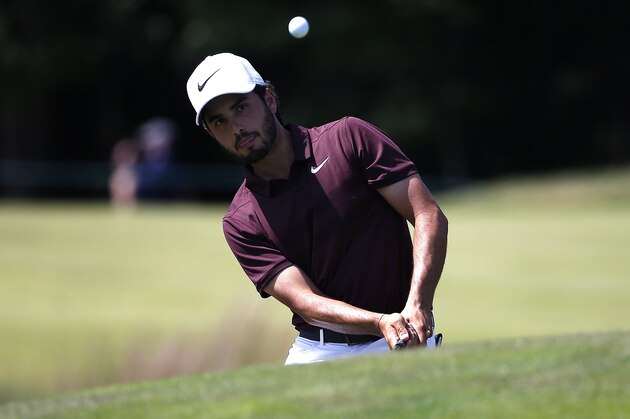 Abraham Ancer chips onto the second green during the third round of the Dell Technologies Championship golf tournament at TPC Boston in Norton, Mass., Sunday, Sept. 2, 2018. (AP Photo/Michael Dwyer)
