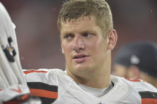 Cleveland Browns defensive end Carl Nassib (94) walks on the sideline during an NFL football preseason game against the Buffalo Bills, Friday, Aug. 17, 2018, in Cleveland. Buffalo won 19-17. (AP Photo/David Richard)