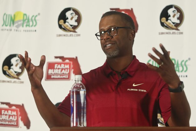 Florida State head coach Willie Taggart speaks during the NCAA college football media day Sunday, Aug. 19, 2018, in Tallahassee, Fla. (AP Photo/Phil Sears)