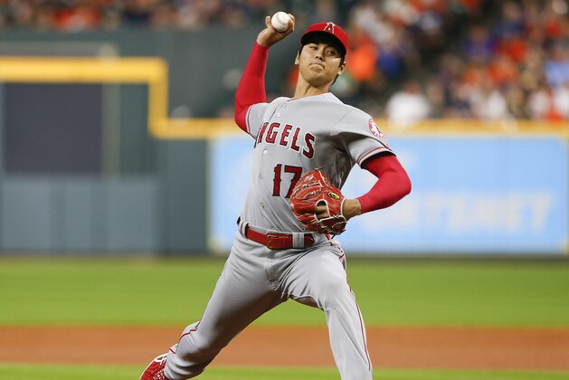 HOUSTON, TX - SEPTEMBER 02:  Shohei Ohtani #17 of the Los Angeles Angels of Anaheim pitches in the first inning against the Houston Astros at Minute Maid Park on September 2, 2018 in Houston, Texas.  (Photo by Bob Levey/Getty Images)