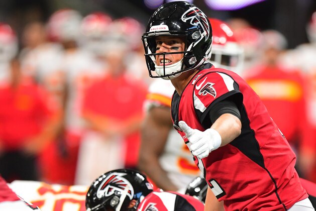 ATLANTA, GA - AUGUST 17: Matt Ryan #2 of the Atlanta Falcons calls a play against the Kansas City Chiefs at Mercedes-Benz Stadium on August 17, 2018 in Atlanta, Georgia. (Photo by Scott Cunningham/Getty Images)