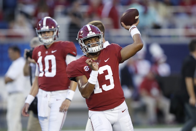 ORLANDO, FL - SEPTEMBER 01: Tua Tagovailoa #13 of the Alabama Crimson Tide warms up prior to the game against the Louisville Cardinals at Camping World Stadium on September 1, 2018 in Orlando, Florida. (Photo by Joe Robbins/Getty Images)