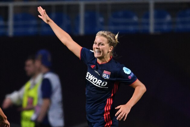 KIEV, UKRAINE - MAY 24: Ada Hegerberg of Olympique Lyonnais celebrates scoring her side's third goal during the UEFA Womens Champions League Final between VfL Wolfsburg and Olympique Lyonnais on May 24, 2018 in Kiev, Ukraine. (Photo by Etsuo Hara/Getty Images)