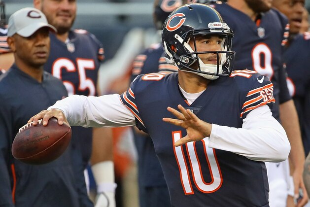 CHICAGO, IL - AUGUST 30:  Mitchell Trubisky #10 of the Chicago Bears participates in warm-ups before a preseason game against the Buffalo Bills at Soldier Field on August 30, 2018 in Chicago, Illinois. The Bills defeated the Bears 28-27.  (Photo by Jonathan Daniel/Getty Images)
