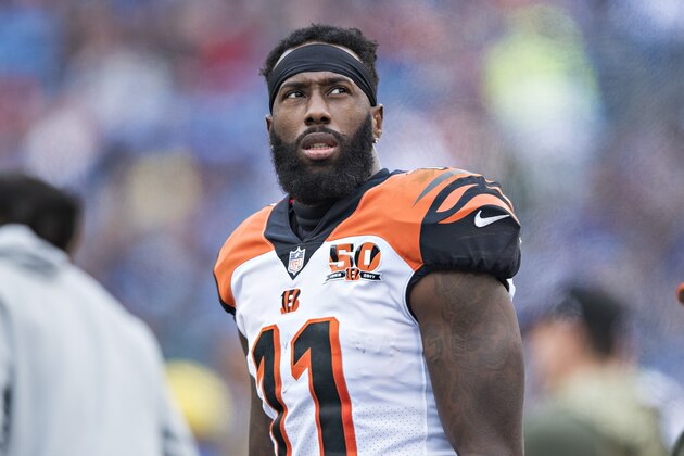 NASHVILLE, TN - NOVEMBER 12:  Brandon LaFell #11 of the Cincinnati Bengals on the sidelines during a game against the Tennessee Titans at Nissan Stadium on November 12, 2017 in Nashville, Tennessee.  The Titans defeated the Bengals 24-20.  (Photo by Wesley Hitt/Getty Images)