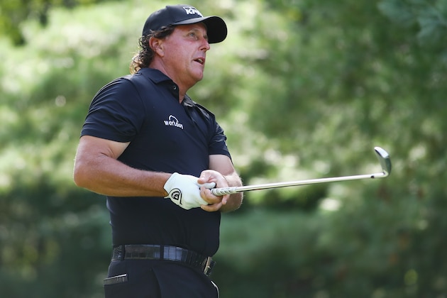 NORTON, MA - SEPTEMBER 01:  Phil Mickelson of the United States plays his shot from the 11th tee during round two of the Dell Technologies Championship at TPC Boston on September 1, 2018 in Norton, Massachusetts.  (Photo by Tim Bradbury/Getty Images)