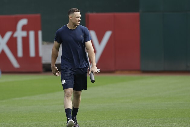New York Yankees' Aaron Judge walks on the field before a baseball game between the Oakland Athletics and the Yankees in Oakland, Calif., Monday, Sept. 3, 2018. (AP Photo/Jeff Chiu)