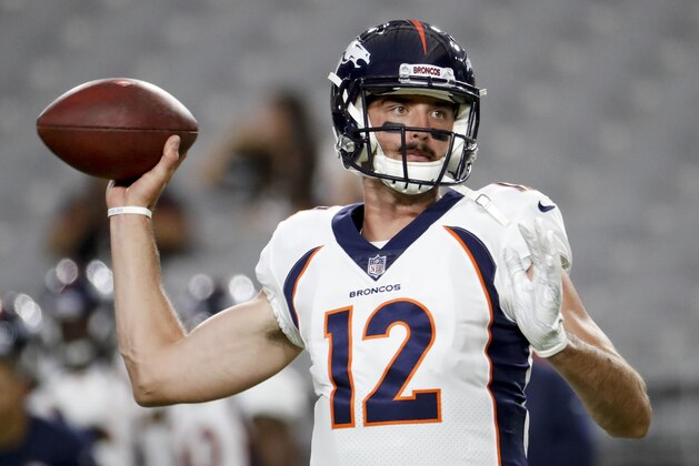 Denver Broncos quarterback Paxton Lynch warms up before a preseason NFL football game against the against the Arizona Cardinals Thursday, Aug. 30, 2018, in Glendale, Ariz. (AP Photo/Matt York)