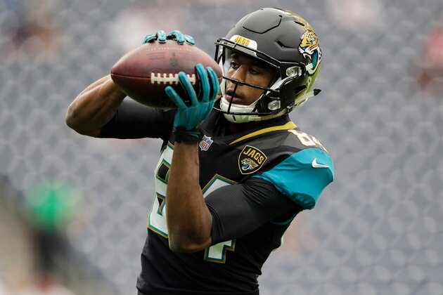 HOUSTON, TX - SEPTEMBER 10:  Keelan Cole #84 of the Jacksonville Jaguars catches a pass before the game against the Houston Texans at NRG Stadium on September 10, 2017 in Houston, Texas.  (Photo by Tim Warner/Getty Images)