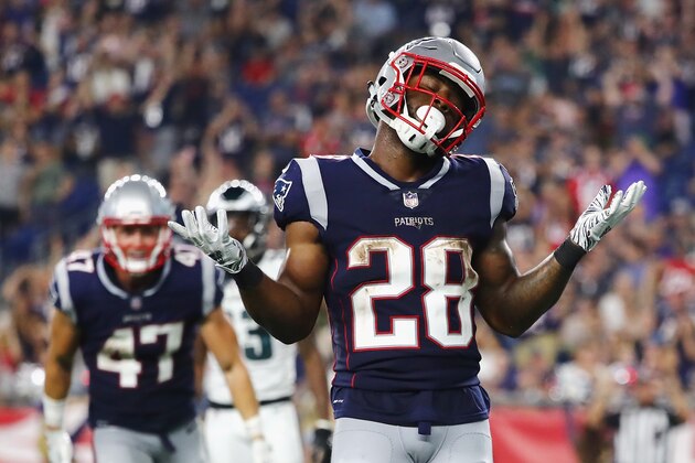FOXBOROUGH, MA - AUGUST 16:  James White #28 of the New England Patriots celebrates after scoring a touchdown in the second quarter against the Philadelphia Eagles during the preseason game at Gillette Stadium on August 16, 2018 in Foxborough, Massachusetts.  (Photo by Tim Bradbury/Getty Images)