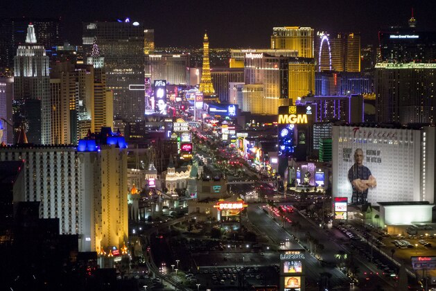 The Las Vegas Strip and skyline including various hotels and casinos are seen at night in Las Vegas, Nevada, in this photograph taken October 18, 2016. / AFP / SAUL LOEB        (Photo credit should read SAUL LOEB/AFP/Getty Images)