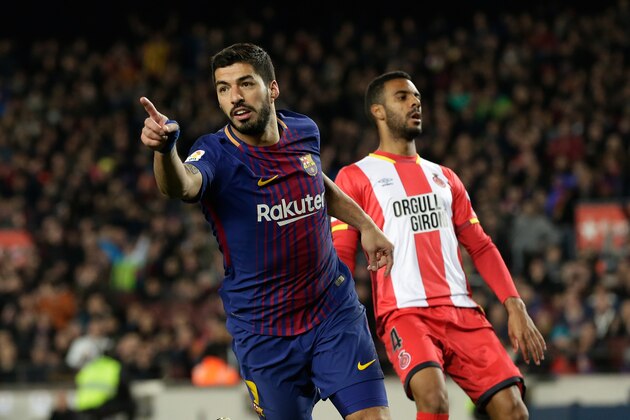 BARCELONA, SPAIN - FEBRUARY 24: Luis Suarez of FC Barcelona celebrates 6-1 during the La Liga Santander  match between FC Barcelona v Girona at the Camp Nou on February 24, 2018 in Barcelona Spain (Photo by Eric Verhoeven/Soccrates/Getty Images)