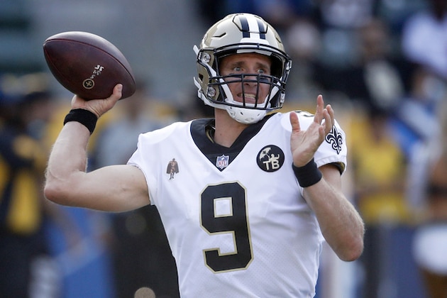New Orleans Saints quarterback Drew Brees throws a pass during the first half of the team's NFL preseason football game against the Los Angeles Chargers on Saturday, Aug. 25, 2018, in Carson, Calif. (AP Photo/Jae C. Hong)