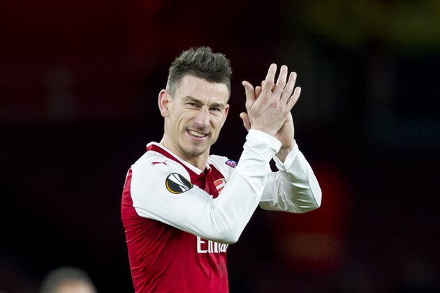 LONDON, ENGLAND - APRIL 05: Laurent Koscielny of Arsenal celebrates after winning the UEFA UEFA Europa League Quarter-Final first leg match between Arsenal FC and CSKA Moskva at Emirates Stadium on April 5, 2018 in London, United Kingdom. (Photo by TF-Images/TF-Images via Getty Images)