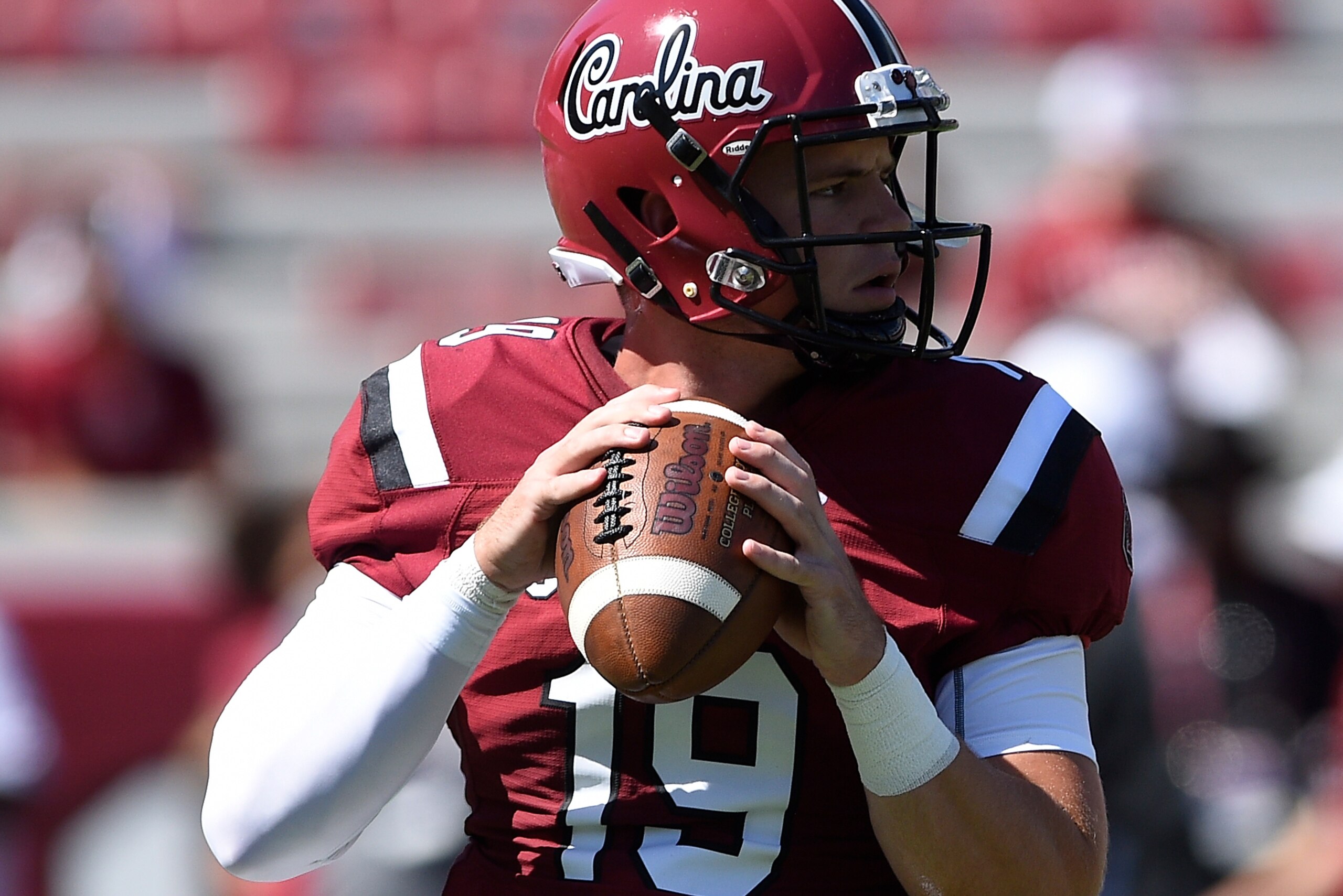 COLUMBIA, SC - SEPTEMBER 01: Jake Bentley #19 of the South Carolina Gamecocks warms up prior to their game against the Coastal Carolina Chanticleers at Williams-Brice Stadium on September 1, 2018 in Columbia, South Carolina. SC won 49-15. (Photo by Lance King/Getty Images)