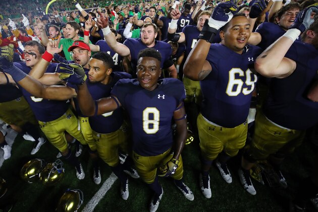 SOUTH BEND, IN - SEPTEMBER 01: Jafar Armstrong #8 of the Notre Dame Fighting Irish celebrates a 24-17 win over the Michigan Wolverines at Notre Dame Stadium on September 1, 2018 in South Bend, Indiana.  (Photo by Gregory Shamus/Getty Images)