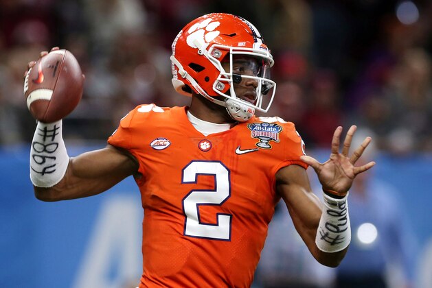 FILE - In this Jan. 1, 2018, file photo, Clemson quarterback Kelly Bryant (2) passes in the first half of the Sugar Bowl NCAA college football bowl game against Alabama, in New Orleans. Veteran Kelly Bryant is Clemson's starting quarterback, holding off promising freshman Trevor Lawrence. The second-ranked Tigers open the season Saturday at home against Furman. The team released its first depth chart Monday, Aug. 27, 2018, with Bryant on top in the closely watched competition. (AP Photo/Rusty Costanza, File) FILE - In this Jan. 1, 2018, file photo, Clemson quarterback Kelly Bryant (2) passes in the first half of the Sugar Bowl NCAA college football bowl game against Alabama, in New Orleans. Veteran Kelly Bryant is Clemson's starting quarterback, holding off promising freshman Trevor Lawrence. The second-ranked Tigers open the season Saturday at home against Furman. The team released its first depth chart Monday, Aug. 27, 2018, with Bryant on top in the closely watched competition. (AP Photo/Rusty Costanza, File)