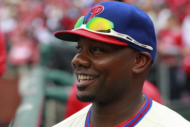 PHILADELPHIA, PA - OCTOBER 02: Ryan Howard #6 of the Philadelphia Phillies watches a video of his career highlights during a pre game ceremony in his honor before a game a game against the New York Mets at Citizens Bank Park on October 2, 2016 in Philadelphia, Pennsylvania. (Photo by Rich Schultz/Getty Images)