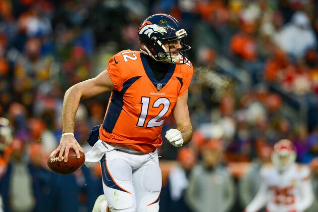 DENVER, CO - DECEMBER 31: Quarterback Paxton Lynch #12 of the Denver Broncos looks downfield against the Kansas City Chiefs at Sports Authority Field at Mile High on December 31, 2017 in Denver, Colorado. (Photo by Dustin Bradford/Getty Images)