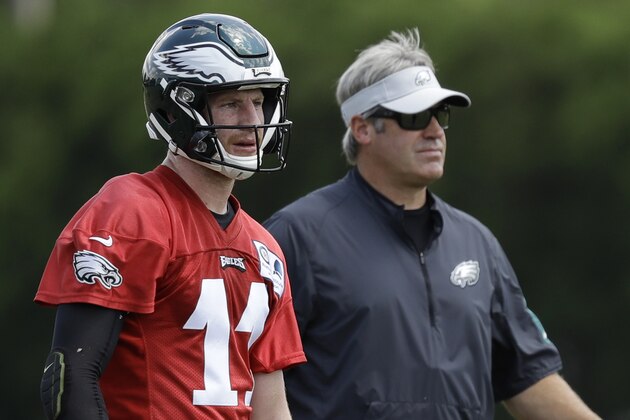 Philadelphia Eagles' Carson Wentz, left, and Doug Pederson watch a drill during an organized team activity at the NFL football team's practice facility, Thursday, June 7, 2018, in Philadelphia. (AP Photo/Matt Slocum)