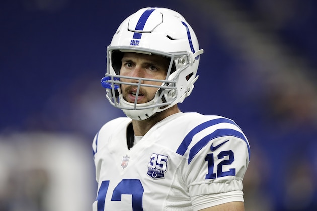 Indianapolis Colts quarterback Andrew Luck warms up before an NFL preseason football game against the Baltimore Ravens in Indianapolis, Monday, Aug. 20, 2018. (AP Photo/Michael Conroy)