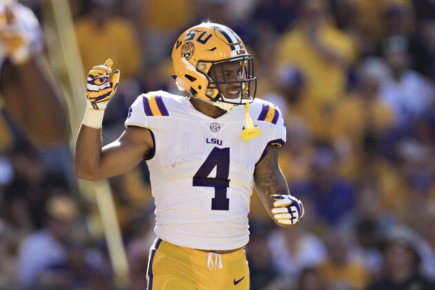 BATON ROUGE, LA - OCTOBER 14:  K'Lavon Chaisson #4 of the LSU Tigers on the field during a game against the Auburn Tigers at Tiger Stadium on October 14, 2017 in Baton Rouge, Louisiana.  LSU defeated the Auburn 27-23.  (Photo by Wesley Hitt/Getty Images)