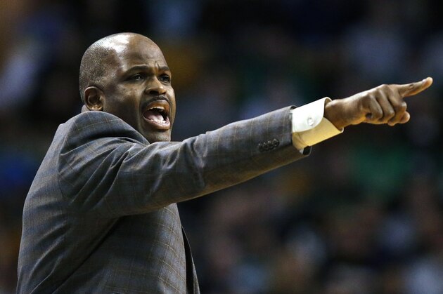 Indiana Pacers head coach Nate McMillan yells instructions during the fourth quarter of an NBA basketball game against the Boston Celtics in Boston, Sunday, March 11, 2018. The Pacers won 99-97. (AP Photo/Michael Dwyer)