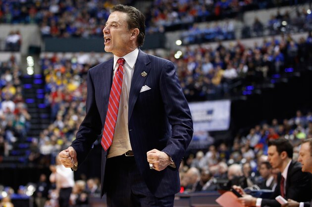 INDIANAPOLIS, IN - MARCH 19:  Head coach Rick Pitino of the Louisville Cardinals  reacts against the Michigan Wolverines in the first half during the second round of the 2017 NCAA Men's Basketball Tournament at the Bankers Life Fieldhouse on March 19, 2017 in Indianapolis, Indiana.  (Photo by Joe Robbins/Getty Images)