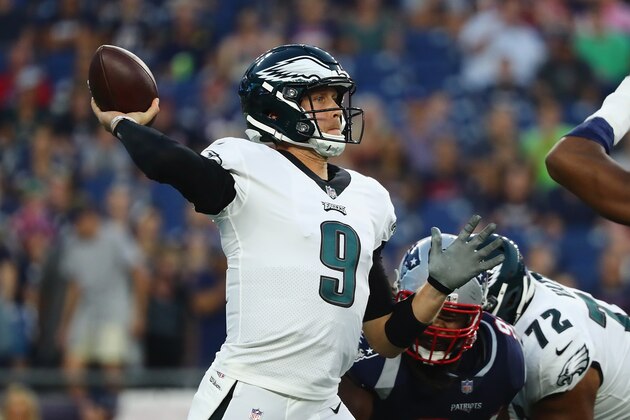FOXBOROUGH, MA - AUGUST 16:  Nick Foles #9 of the Philadelphia Eagles throws a pass in the first half against the New England Patriots during the preseason game at Gillette Stadium on August 16, 2018 in Foxborough, Massachusetts.  (Photo by Tim Bradbury/Getty Images)