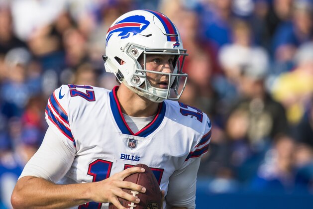 ORCHARD PARK, NY - AUGUST 26:  Josh Allen #17 of the Buffalo Bills drops back to pass during the preseason game against the Cincinnati Bengals at New Era Field on August 26, 2018 in Orchard Park, New York. Cincinnati defeats Buffalo 26-13 in the preseason matchup. (Photo by Brett Carlsen/Getty Images)