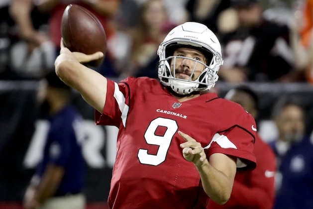 Arizona Cardinals quarterback Sam Bradford warms up before a preseason NFL football game against the Denver Broncos Thursday, Aug. 30, 2018, in Glendale, Ariz. (AP Photo/Rick Scuteri)