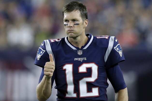 New England Patriots quarterback Tom Brady signals a thumbs-up on the sideline during the second half of a preseason NFL football game against the Philadelphia Eagles, Thursday, Aug. 16, 2018, in Foxborough, Mass. (AP Photo/Charles Krupa)